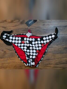 GUESS Black & White Polka Dot Swim Bottom with Red Lining